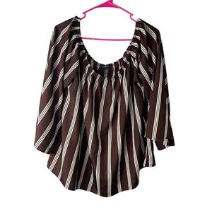 Rue 21 Plus Burgundy and White Striped Off Shoulder Blouse with Flowy Sleeves